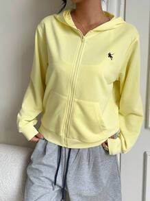 SHEIN EZwear Light Yellow Knitted Hooded Women's Rider Print Long Sleeve Zip-Up Sweatshirt Yellow Hoodie Women Yellow Sweatshirt In Fall/Winter