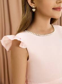 Tween Girls' Elegant Luxurious Round Neck Bowknot Midi Dress, Suitable For Evening Party, Wedding, Holiday, Christmas, Halloween, Birthday, Graduation And Other Occasions Fall Winter - Pink - View 7