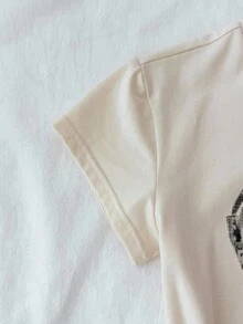 少女白色针织休闲个性修身短裤短袖圆领可爱猫咪图案印花T恤，适合居家休闲、购物、午餐、派对 - 杏色 - 查看 5