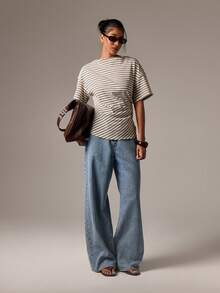 AiiRZ 条纹褶饰紧身胸衣风格 T 恤白色黑色斜纹合身腰部夏季上衣休闲日间时尚 - 彩色 - 查看 3