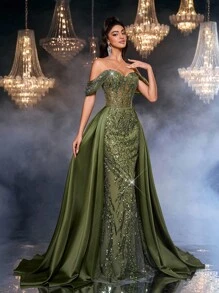 Glamrae Elegant Luxurious Beaded & Sequin Floral Patchwork Satin Mermaid Maxi Skirt With Detachable Overskirt & Train, Suitable For Wedding, Party, Vacation, Prom, Evening Gown (Heavy Embellished) - Green - View 8