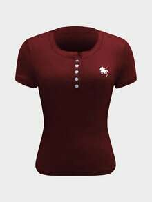 SHEIN EZwear 女士勃艮第红色字母纽扣半襟短袖休闲短款 T 恤