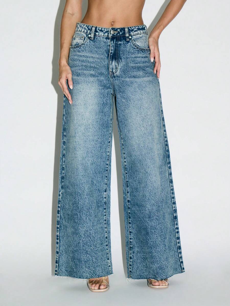 KIZN Blugi din denim cu talie înaltă, cu picior larg, inspirați din stilul vintage, pantaloni lungi clasici, distressed, cu tiv brut, pentru o garderobă modernă, stil stradal esențial