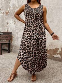 EMERY ROSE Plus Size Leopard Print Sleeveless Dress, Casual Vacation Style - Multicolor - View 5