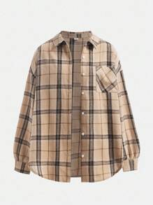 Girlism 少女三件套：卡其色格子长袖衬衫、黑色吊带短款上衣、喇叭裤、休闲运动校园装 - 卡其色 - 查看 6