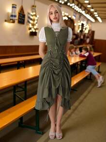 Sweetina 女士慕尼黑啤酒节无袖抽绳蝴蝶结腰部中长连衣裙 - 白色 - 查看 3