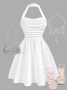 Girlism Tween Girl Fitted Casual Minimalist Comfortable White Halter Neck Ruched Dress, Suitable For Spring, Summer, Autumn And Winter/Back To School,Fall,Y2k,Halloween,Glowmode,Autumn,Holiday/Back To School Outfits/First Day Of School Outfit White Dress Summer Dress White Halter Dress Halter Dress White Summer Dress - White - View 1
