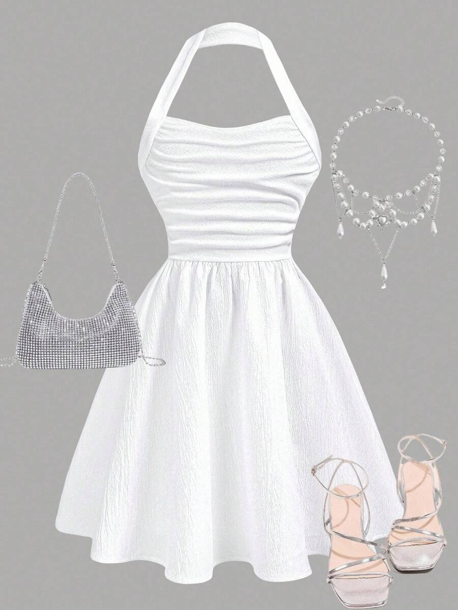 Girlism Tween Girl Fitted Casual Minimalist Comfortable White Halter Neck Ruched Dress, Suitable For Spring, Summer, Autumn And Winter/Back To School,Fall,Y2k,Halloween,Glowmode,Autumn,Holiday/Back To School Outfits/First Day Of School Outfit White Dress Summer Dress White Halter Dress Halter Dress White Summer Dress - White - View 1