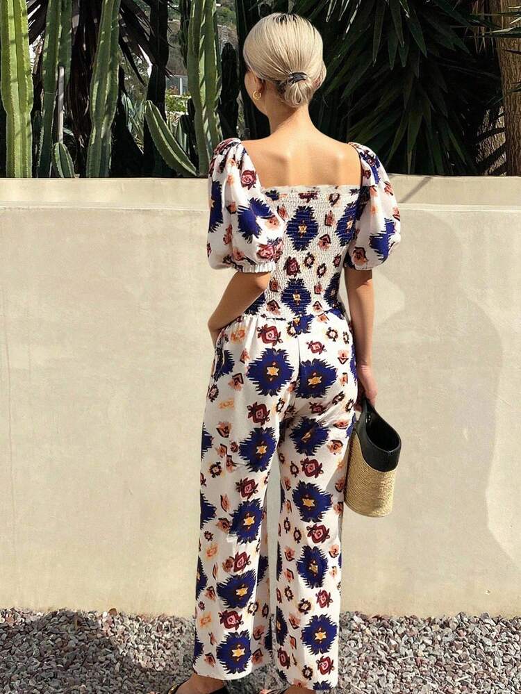 Women's All-Over Floral Print Surplice Puff Sleeve Jumpsuit, Vacation Loose Wide Leg Style Women Dresses Elegant Gown Woman Summer Clothes Work Summer Dresses Women Summer Clothing Women Birthday Easter Boho
