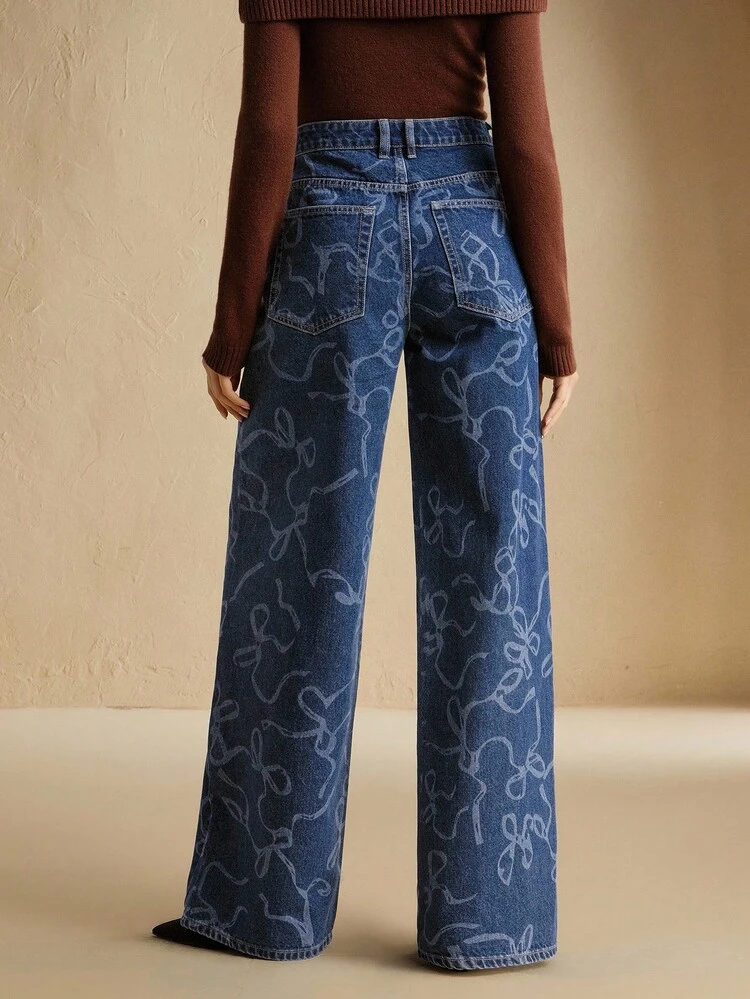 Jeans droits décontractés et amples pour femmes avec décoration de nœud