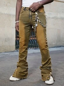 ROMWE MEN Street Life Men's Layered Flare Washed Slim Fit Jeans - Dark Wash - View 1