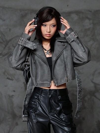  Bloopia Women's Punk Street Rebellious High Street Casual Short Leather Jacket, Loose Fit, Suitable For Halloween, Autumn/Winter