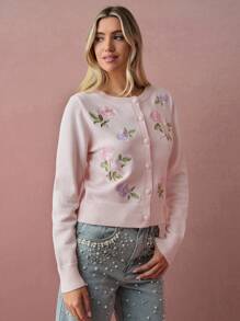 Enchnt 秋冬浪漫女士花卉刺绣长袖针织开衫，时尚优雅，适合派对、约会、节日、毕业典礼、外出、万圣节、圣诞节、秋季、新年等场合。 - 粉色 - 查看 4