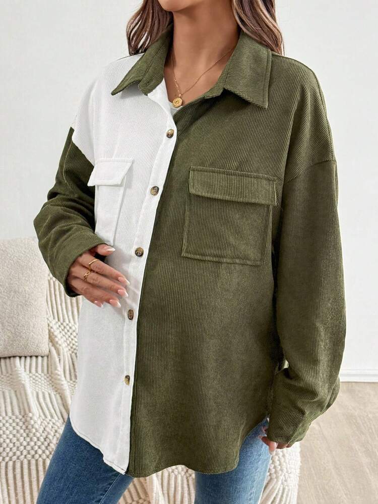 SHEIN Contrast Color Collar Resin Button Decor Maternity Regular Jacket  Fall Women Clothes Fall Women Clothes  Fall   Button Up Shirt Women - Green - View 3
