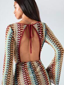 LYSMO Women's  Elegant Print Sexy Contrast Stripe Lace-Up Backless Mini Dress, Vacation Open Back Dress Crochet Dress Tie Back Dress Unique Dress Long Sleeve Dress 2025 New Arrive Minimalism Fall Women Business Casual Woman Partywear  Halloween Costumes - Multicolor - View 6