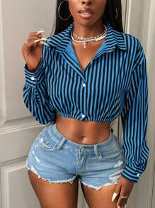 BamGleam Casual Commute Striped Cropped Sexy Shirt Back To School Fashion Fall Cloth For Women - Royal Blue - View 3