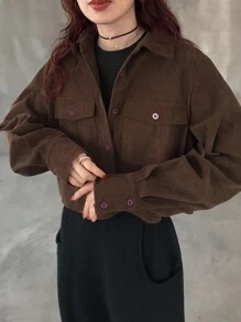 FRIFUL Women's Solid Coffee Brown Shirt Collar Casual Versatile Long Sleeve Jacket With Pocket Decor, Autumn - Coffee Brown - View 6