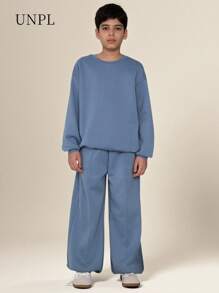 2 pezzi/set, maglione girocollo blu in morbida pile di qualità vintage e pantaloni in velluto a coste per ragazze alla moda, adatto per autunno/inverno, caldo, all'aperto, streetwear, casual, casa, viaggio