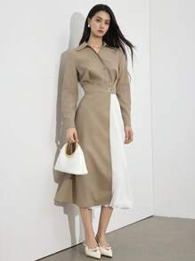 Heiryn Đầm midi tay dài phối màu thanh lịch thời trang dành cho nữ - Màu Khaki - Xem 5