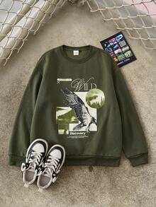 Discovery X SHEIN 男士休闲时尚街头鹰与标语图案落肩宽松羊毛套头衫，秋冬
