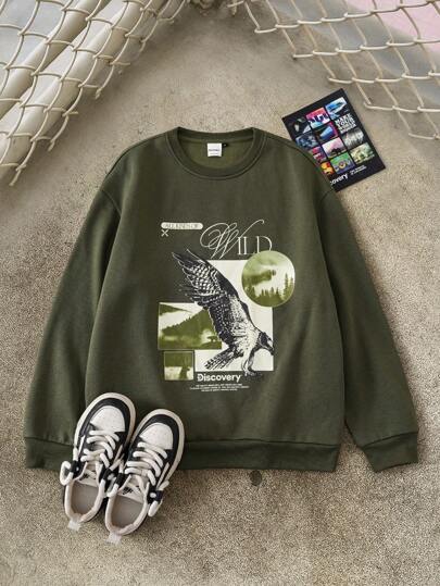 Discovery X SHEIN Men's Casual Fashion Street Eagle & Slogan Graphic Dropped Shoulder Loose Fit Fleece Pullover Sweatshirt, Autumn/Winter