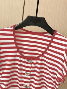 Franclia Elegant U-Neck Short Sleeve Butterfly Hem Slit Waist Striped Knit T-Shirt For Women, Spring/Summer