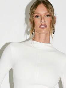 KIZN Mandarin Collar Quarter Zip Long Sleeve Fitted Crop Top Premium Jersey Material Elegant Office Party Club Evening Wear Winter Fall Collection - White - View 5