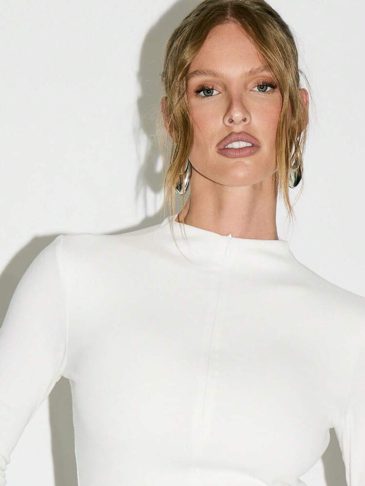 KIZN Mandarin Collar Quarter Zip Fitted Crop Top