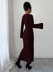 Selianne Váy len tay loe viền bèo nhún dệt kim màu đỏ tía thanh lịch dành cho nữ, tạo nên bầu không khí nhẹ nhàng và lãng mạn - màu nâu - Xem 2