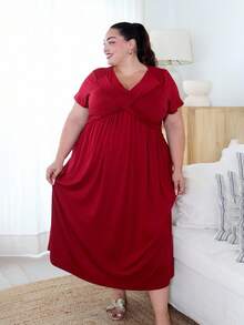 Pretty and Ole Rochie lungă și casual, cu mânecă scurtă și decolteu în V, mărime plus, pentru Crăciun, ținută maxi vișinie - Burgundia - Vizualizare 6