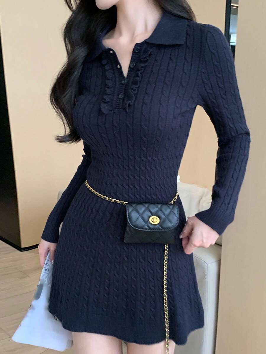 DAZY 女式针织优雅马球领中长迷你连衣裙 - 藍色 - 查看 1