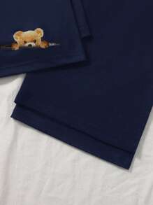 SHEIN Bộ đồ ngủ dệt kim in họa tiết hoạt hình 3 món cho nữ, áo cổ tròn tay ngắn và quần short/quần dài, phù hợp cho mọi mùa - Màu xanh hải quân - Xem 4