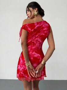 Firerie 女式夏季新款碎花不对称领口性感优雅度假迷你连衣裙，网眼碎花连衣裙，不对称领口连衣裙，春夏服装，沙滩装，优雅，性感，度假，海滩，夏威夷，约会，派对，音乐节，毕业礼服，舞会 - 玫紅色 - 查看 4