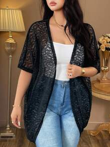 Elenzga Áo khoác tay cánh dơi viền ren 3D cỡ lớn cho nữ - màu đen - Xem 4