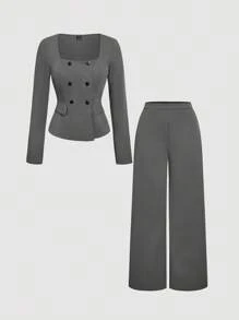 SHEIN MOD 2 件套灰色双排扣 V 领背心和裤子套装，办公室着装，复古优雅风格，学院时尚，职业，教堂女装 - 灰色 - 查看 1