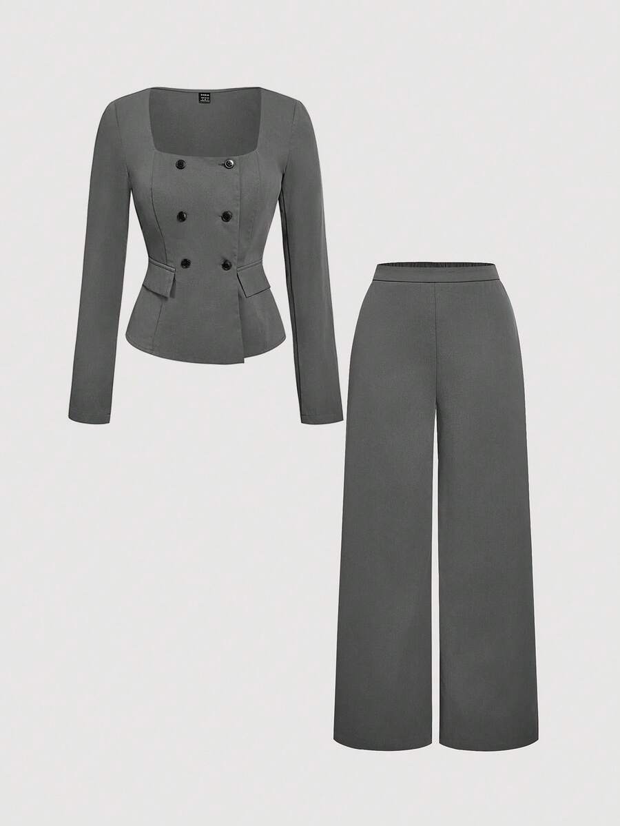 SHEIN MOD 2 件套灰色双排扣 V 领背心和裤子套装，办公室着装，复古优雅风格，学院时尚，职业，教堂女装 - 灰色 - 查看 1
