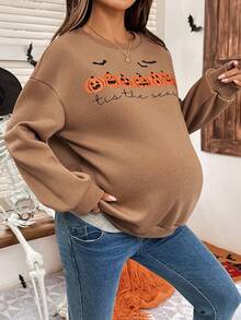 SHEIN Maternity Letter & Pumpkin Print Round Neck Drop Shoulder Long Sleeve Casual Sweatshirt,Halloween - Khaki - View 5