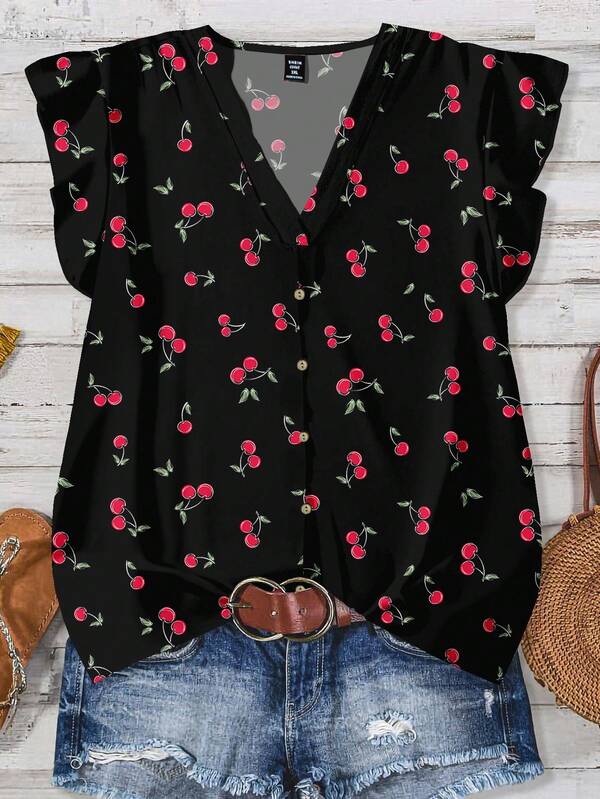 EMERY ROSE Blusa Casual com Estampa de Cereja para Mulheres Plus Size, Adequada para o Verão