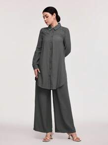 Veilorie 女式纯色撞色蕾丝长袖衬衫和裤子两件套休闲套装 - 灰色 - 查看 3