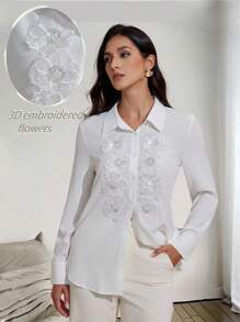 Graceveil Women Loose Fit 3D Flower Embellished White Long Sleeve Shirt White Blouses Elegant - White - View 1
