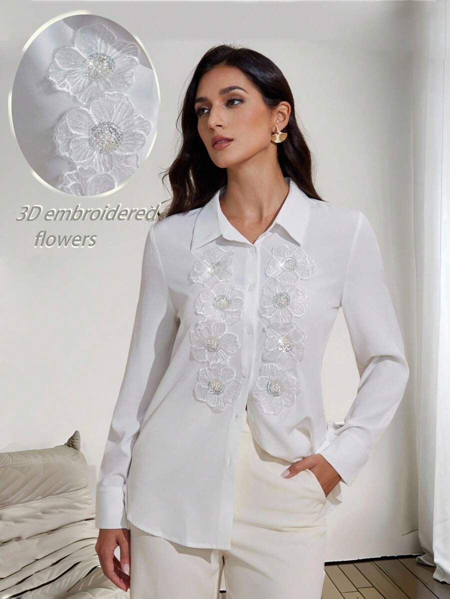 Graceveil Women Loose Fit 3D Flower Embellished White Long Sleeve Shirt White Blouses Elegant - White - View 1
