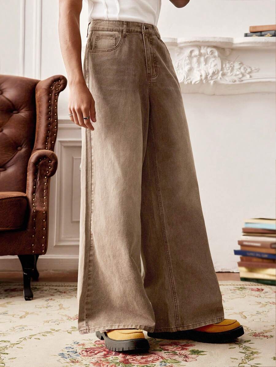 SWAVVY 男士休闲梭织纯色直筒宽松裤 - 卡其色 - 查看 1