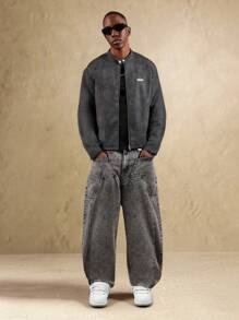 SUMWON 阔腿经典牛仔宽松牛仔裤，带实用口袋，复古街头风，秋冬时尚休闲舒适宽松版型纯色长裤 - 深灰色 - 查看 4