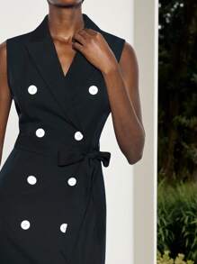 Maija 女士纯色翻领双排扣腰带前襟无袖长款连衣裙背心式礼服纽扣连衣裙燕尾服式礼服女士船长晚宴礼服 - 藏蓝色 - 查看 6