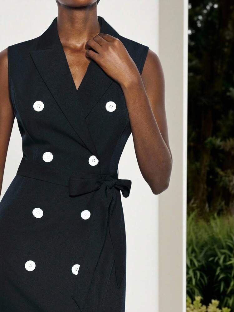 Maija 女士纯色翻领双排扣腰带前襟无袖长款连衣裙背心式礼服纽扣连衣裙燕尾服式礼服女士船长晚宴礼服 - 藏蓝色 - 查看 6