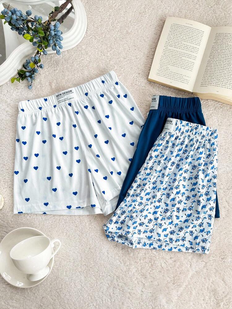 SHEIN 3件套女童花卉、心形印花和蓝色短裤睡衣套装 - 彩色 - 查看 3