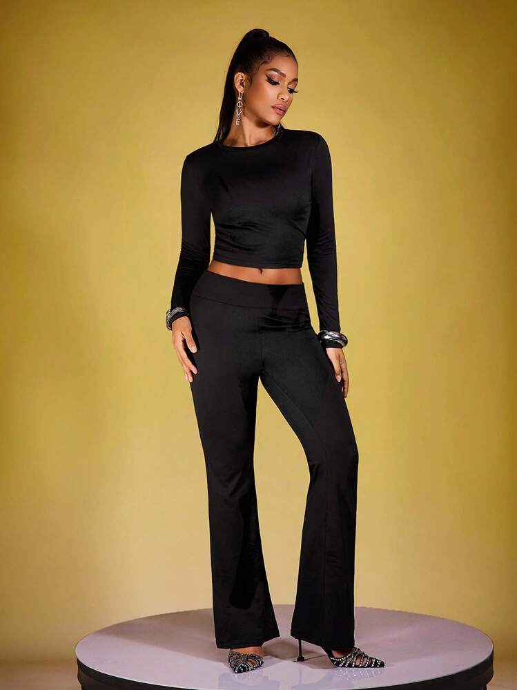 Zyxie 2pcs Women Casual Set - Solid Color Round Neck Long Sleeve Pleated T-Shirt & Flared Pants, Autumn - Black - View 4