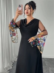 Modelyn 大码女式花卉刺绣网眼喇叭袖优雅垂坠领连衣裙 - 黑色 - 查看 5