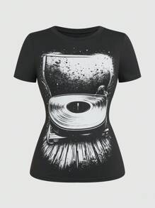 SHEIN Sweetro 女士复古休闲圆领短袖 T 恤，修身扎染印花短款上衣 - 黑色 - 查看 1