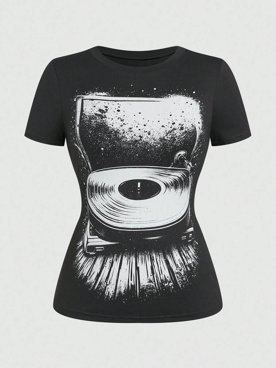 SHEIN Sweetro 女士复古休闲圆领短袖 T 恤，修身扎染印花短款上衣 - 黑色 - 查看 1